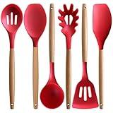 IOCBYHZ Kitchen Cooking Utensils Set 6Pcs Heat Resistant Silicone Kitchen Utensils Spatula Spoon Turner Ladle w Wooden Handle, BPA FREE Silicone Cooking Tool Gadget Set for Nonstick Cookware & Baking