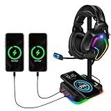 Headphone Stand with Wireless Charger Gaming Headset Holder with 10W/7.5W QI Charging Pad & 2 USB Charger Ports for Desktop PC Game Accessories