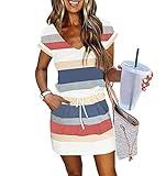 ETCYY NEW Womens Summer Dress Lantern Sleeve Square Neck Tie Front A-Line Double Layer Hem Mini Dresses