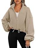 AUTOMET Womens Fleece Jackets Zip Up Oversized Sweatshirts Winter Clothes Long Sleeve Crop Sherpa Fall Outfits Fashion Khaki L