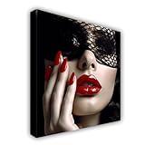 ZHOUWALLPIC Red Lips Canvas Wall Art Fashion Women Paintings Black and White Nail Picture Prints Home Decor Framed Ready to Hang(Lips-3,18.00" x 18.00")