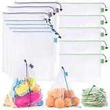 SPLF 12 Pcs Heavy Duty Reusable Mesh Produce Bags, Barcode Scanable See Through Food Safe Mesh Bags with Drawstring for Fruits, Vegetable, Food, Toys, Grocery Storage, Large Medium Small