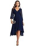 Ever-Pretty Women's Chiffon V Neck Long Sleeves Pleated A-Line Midi Length Wedding Guest Dress Navy Blue US12