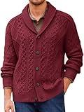 Runcati Mens Shawl Collar Cardigan Sweater Cable Knitted Button Down Sweaters Chunky Fall Winter Outwear Burgundy