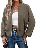 CRAZY GRID 2025 New Ladies Ribbed Cuffs Large Pockets Cropped Jacket Comfy Plain Color Zip Up Stretchy Hem Sweatshirt Winter GreyCoffee X-Large