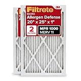 Filtrete 20x25x1 AC Furnace Air Filter, MERV 11, MPR 1000, Micro Allergen Defense, 3-Month Pleated 1-Inch Electrostatic Air Cleaning Filter, 2 Pack (Actual Size 19.688 x 24.688 x 0.84 in)