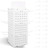 Zealor Rotating Pegboard Display Stand With 24 Hooks, 4-Sided Metal Spinning Peg Board Display 7.4"x7.4"x17" Spinner Pegboard Carousel Craft Rack Organizer (White)