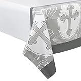 ROYAL BLUEBONNET Gray Cross Baptism Tablecloth -Set of 2- Baptism Party Decorations, Easter Tablecloth Plastic for 6 or 8 Foot Table, Cross First Communion, Confirmation, Christening Table Cloth