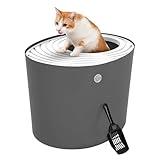 IRIS USA Cat Litter Box, Large Top Entry with Litter Catching Lid and Scoop, Dog Proof, Cat Box Enclosure, Dark Gray/White