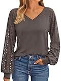 AUTOMET Womens Long Sleeve Shirts V-Neck Lace Tops Business Casual Blouses Tee Trendy 2024 Fall Fashion Outfits Clothes CoffeeGrey M