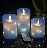 danip Sky Blue LED Flameless Candle, with Embedded Star String, 3-Piece Set of LED Candles, with 11 Button Remote Control, 24-Hour Timer Function, Dancing Flames, Real Wax, Battery Powered.