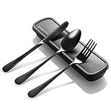 Portable Utensils Set with Case, 4pcs Stainless Steel Reusable Silverware for Lunch Camping School Picnic Workplace Travel, Lunch Box Includ Fork Spoon Knife,Easy to clean,Dishwasher Safe(Black)