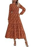 PRETTYGARDEN Womens Fall Midi Dress Elegant Floral Long Sleeve Smocked Boho Wedding Party Long Flowy Dresses (Brick Red,Medium)