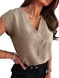 ANRABESS Women Tops Cap Sleeve Textured Dressy Casual V Neck Shirts 2025 Summer Business Work Blouses Outfits Khaki X-Large