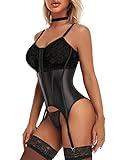 Women's Sexy Lace Lingerie Set with Garter Belt Bodysuit Teddy and Panty Corset Lingerie for Women Black