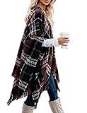 Bestshe Women's Boho Open Front Poncho Knitted Plaid Shawl Wrap Cape Tassel Cardigan Sweater