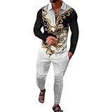 Size L White Black Color Block with Gold Paisley 2025 Men's Polo Sweatsuit Set Long Sleeve 2 Piece Outfit Fashion Jogging Track Suit Comfy Casual Set for Men Fall