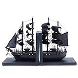 NAUTIMALL Wooden Ship bookends The Black Pearl Pirate 10" Prebuilt Caribbean Coastal Sailboat Decor Nautical Gift for Enthusiasts