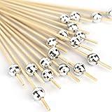 DecorWoo 100 Pcs Cocktail Picks, Disco Ball Decorative Toothpicks for Appetizers, Silver Cocktail Skewers for Appetizers, Wooden Long Cocktail Picks Disco Theme for Party Supplies (4.7 Inch, Silver)