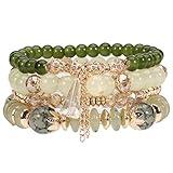 4Pcs Bohemia Multilayer Stackable Beaded Bracelets Set Colorful Crystal Stone Gold Beaded Stretch Bracelets Hawaii Charm Bracelet for Women Men Summer Beach Boho Vacation Jewelry Gifts-Green