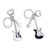 SCRDPRAD 2Pcs Hip Hop Guitar Keychain Keyring Punk Star Keychain for Women Girls Music Lovers Electric Guitar Bass Love Heart Keyring Gifts（B）