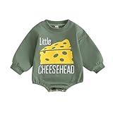 Karuedoo Baby Boy Girl Football Sweatshirt Bubble Romper Oversized Sweater Romper Long Sleeve Bodysuit Outfit Fall Clothes (Green-Little Cheesehead, 12-18 Months)