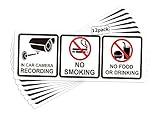 12Pack No Smoking in Car Camera Recording No Eating or Drinking Signs 1.75 X 5 Inch - Vehicles Safety Warning Window Stickers Food and Beverage Signs