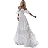 Sorayan Women's Wedding Dresses Chic Lace Evening Dresses V Neck Ruffle Sleeves Beachy Boho Outdoorsy Wedding Gowns(White,S)