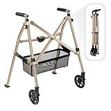 Stander Wonder Walker Plus Short, Lightweight Junior Folding Mobility Aid for Petite Adults, Seniors, and Elderly, Collapsible Travel EZ Fold-N-Go with Wheels, Glides & Basket, Desert Sand