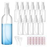 Zoizocp Spray Bottles, 2oz/50ml Clear Empty Fine Mist Plastic Mini Travel Bottle Set, Small Refillable Liquid Containers with 2pcs Funnels and 24pcs Labels (12 Pack)