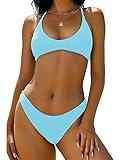 ZAFUL Women's Tie Back Padded High Cut Bralette Bikini Set Two Piece Swimsuit (1-Light Blue, Small)