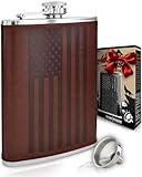 Leather American Flag Hip Flask - Leak Proof Food Grade Stainless Steel for Whiskey or Bourbon Liquor | Bonus Funnel (USA 8 Ounce Flask, Brown Leather Wrap)