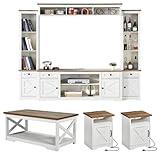 AMERLIFE 4 Pieces Living Room Table Sets, 98" Farmhouse Wall Unit TV Stand with Bookshelves & Wine Cabinet, Coffee Table & 2 End Tables with Charging Station and USB Ports, Living Room, Barnwood+White