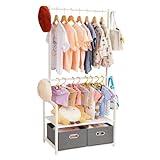 Vilaxing Kids Clothing Rack Bamboo with 2 Storage Baskets and 2 Adjustable Hanging Rods,Child Garment Rack,Dress up Rack for Playroom,Toddlers Bedroom (White)