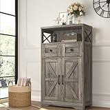 Befrases Farmhouse Storage Cabinet with Drawers and Shelf, Freestanding Kitchen Pantry Storage Cabinet, Floor Storage Cabinet Hutch Cupboard for Kitchen, Living Room, Home Office, Rustic Grey