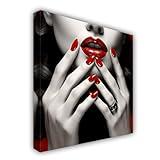 ZHOUWALLPIC Red Lips Canvas Wall Art Sexy Women Lips Paintings Nails Mouth Picture Prints Girl Room Decor Framed Ready to Hang(Lips-1,28.00" x 28.00")