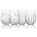 Joeyan Hand Blown Etched Stemless Wine Glasses with Dots Strips Pattern for Red Wine,Large Carved Drinking Glass Cups Tumblers for Wedding Anniversary Party Home,Set of 4,17.5 oz