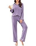 Ekouaer Womens Pajama Sets Long Sleeve Sleepwear Button Down Loungewear Soft 2 Piece Pj Set with Pockets Purple M