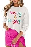 MARZXIN Women 2024 Casual Holiday Sweaters Long Sleeve Round Neck Cable Knit Pullover Top Snow White Merry Bright M