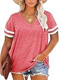 Gloria&Sarah Womens Plus Size Tops V Neck T Shirt Color Block Short Sleeve Summer Casual Tunic Tops,Pink,L