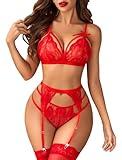 Avidlove Women Lingerie Set Lace Teddy Strap Babydoll Bodysuit with Garter Belts Red X-Large