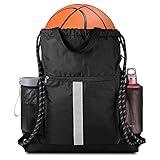 BeeGreen Drawstring Backpack Bag Sports Gym Backpack with Shoe Compartment and Two Water Bottle Holder for Men Women Large String Backpack Athletic Sackpack Workbag Black