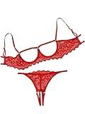 Lilosy Women's Sexy Underwire Floral Lace Sheer Lingerie Set See Through Bra and Panty 2 Piece Red Small