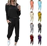 Hesxuno Sweatsuits Women 2 Piece Outfit Crewneck Long Sleeve Track Suits Workout Drawstring Jogger Sets 2024 Fall Lounge Sets