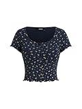 CIDER Cute Top for Women Trendy 100% Cotton Pointelle Floral Short Sleeve Top Scoop Neck Lettuce Trim Dark Navy
