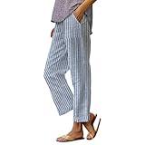 PETCDIM Elastic Drawstring Ankle, Summer Pants for Women 2025 Vacation Casual Boho Floral Print Cotton Linen Pant Fashion Wide Leg Stripe Lounge Sweatpant L D-Navy