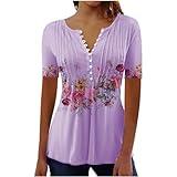 Deals-of-The-Day Lightning-Deals Summer Tops for Women 2025 Trendy Boho Floral Print Tunic Shirts Short Sleeve Button v Neck Tshirt Casual Loose Blouse 3-Purple Medium