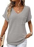 Dokotoo Waffle Knit Tops for Women Summer Cute Business Casual Cruise Outfits 2025 Fall V Neck Short Sleeve Shirts for Women Blouses Basic Tee Gray