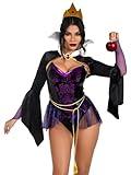 Leg Avenue 4 PC Poison Apple Queen, includes snap crotch bodysuit with velvet brocade detail and iridescent skirt, BLK/PURPLE, SMALL