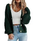 PRETTYGARDEN Women's Chunky Knit Open Front Sweater Long Sleeve Button Loose Short Cardigan Outerwear Coats (Dark Green,Large)